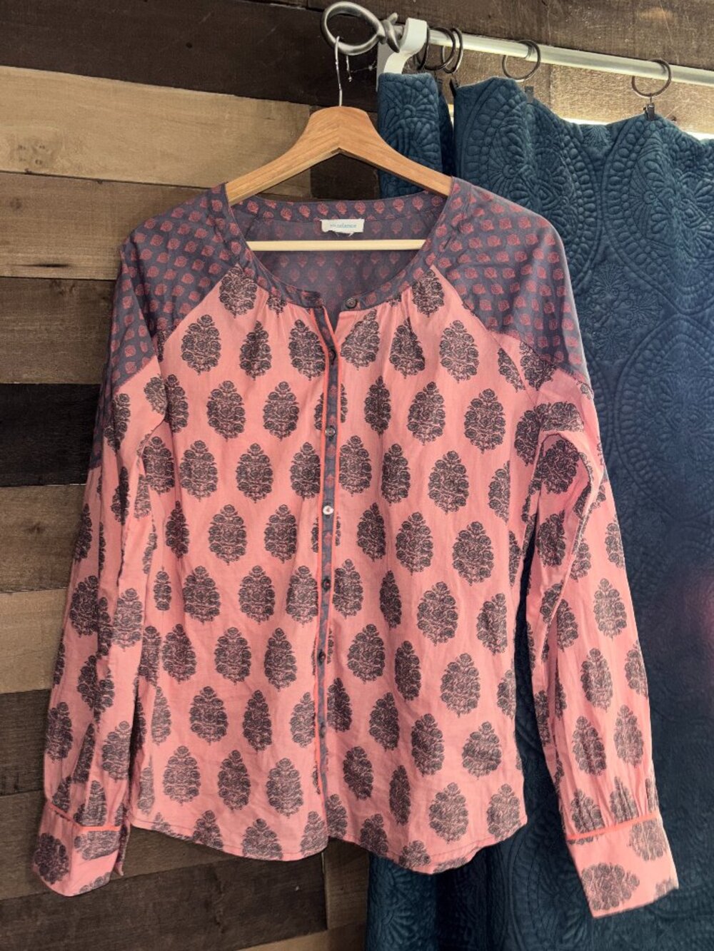 Sundance Women's Size M Pink & Slate Blue Block Print Batik Cotton Blouse